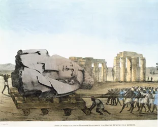 Modo in cui la testa del giovane Memnone è stata rimossa, da Piatti illustrativi delle ricerche in Egitto e Nubia. Belzoni, Giovanni Battista. Aglio, Agostino (1777-1857) Pubblicato 1820-22